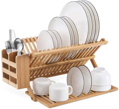 China Folding Dish Stored Dish Praying Bamboo 2 Layer Dish Drainer Storage Rack Holder With Utensil Box Holder for sale