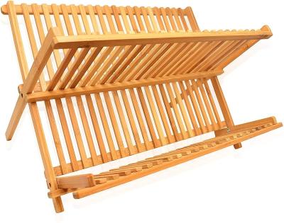 China Stocked 2 Layers Folding Wooden Folding Bamboo Dish Rack Kitchen Dish Rack Drying Rack for sale