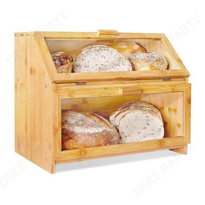 China 2022 Hot Selling Freshness Preservation Easy Assemble Double Layer Wooden Bamboo Bread Box With Acrylic Window for sale