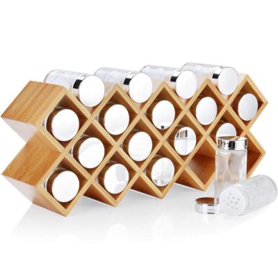 China Sustainable Wall Mounted Bamboo Kitchen Storage Spice Set Storage Display Rack With Glass Bottles for sale