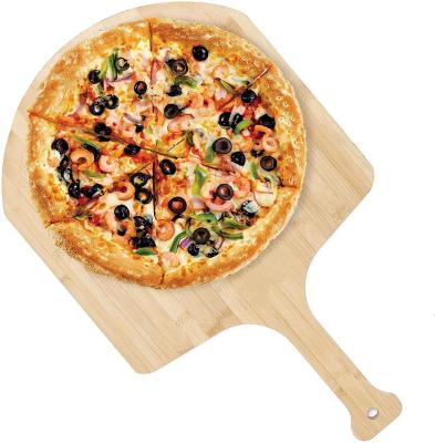 China Eco-friendly multi-functional natural bamboo cutting board stocked pizza skin with handle for sale