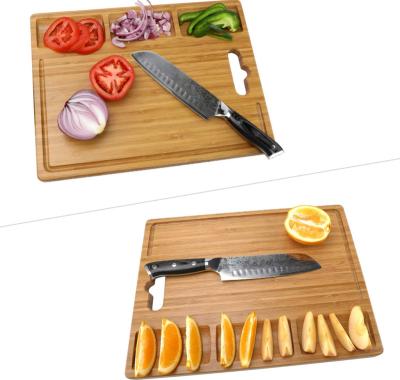 China Large Durable Kitchen Stocked Organic Bamboo Cutting Board with 3 Compartment Drip Tray with Groove for sale