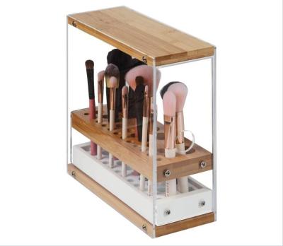 China Transparent Sustainable Bamboo Makeup Brush Holder Organizer Beauty Cosmetic Display Stand With Leather Drawer for sale