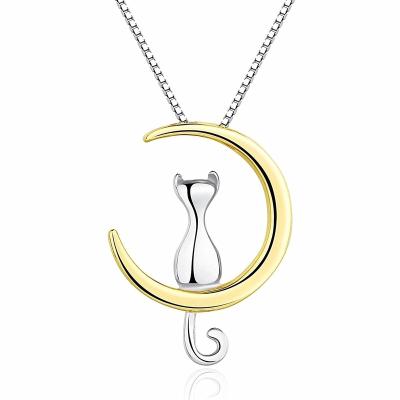 China 925 Gold Small Moon And Cat Animal Sailor Onier Cute Pendant Necklace 18K Silver Cartoon Pet Silvery Hot Geometric Dangle for sale