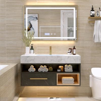 China Modern luxury bathroom vanity cabinets bathroom sink cabinet set with LED mirror for sale