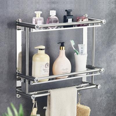 China CLASSIC Two Tier Wall Mounted Hanging Organizer Towel Rack Bathroom Shelf Stainless Steel Shampoo Storage Rack With Hoo for sale