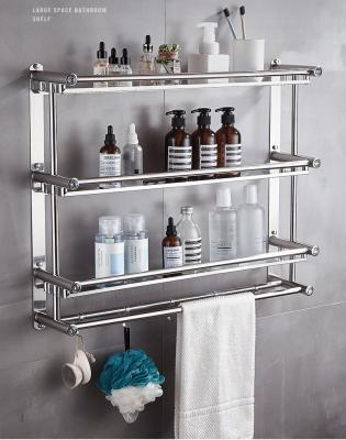 China Wall Mounted Type 3 Tier Wall Mounted Bathroom Shelf Stainless Steel Rack Shampoo Storage Organizer Towel Rack No Drilling for sale