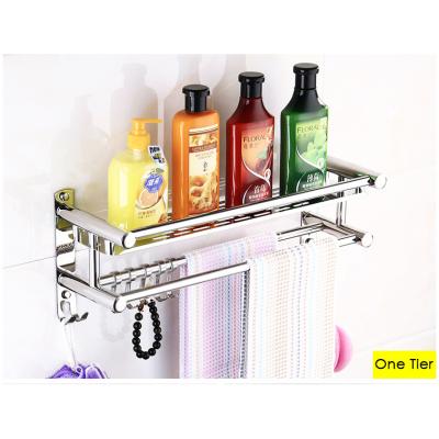 China Wall Mounted Type Wholesale Bathroom Rack Shelf 304 Stainless Steel Towel Rack Shampoo Storage Organizer With Hook for sale