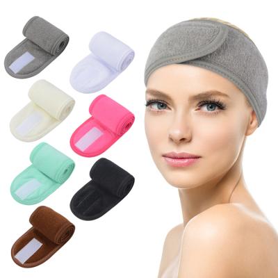 China Eco-Friendly Logo Custom Makeup Wrap Headbands Adjustable Spa Facial Hairband Terry Cloth Stretch Towel Washable With Magic Tape for sale