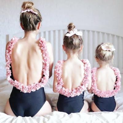 China Breathable Hot Selling Cute Mommy And Me Swimsuit Manufacturers Pink Lace Flower Girl Swimwear Family Set Swimwear for sale