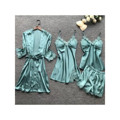 China Hot sale QUICK DRY bathrobe women's sexy satin pajama shorts set four pieces of silk bathrobe sets for sale