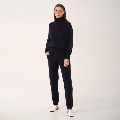 China Anti-pilling dark blue ribbed knit sweater stand up collar cardigan knit pants sports suit women knit suit for sale