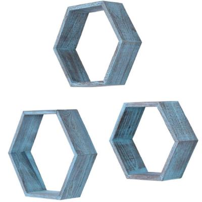 China Hot Sale Europe Amazon Vintage Cube Hexagon Floating Wall Shelf In Rustic Wood Decoration Design for sale