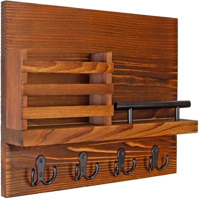 China Rustic Wooden Hanging Shelf With Europe Key And Mail Holder Mail Organizer 4 Key Double Hooks for sale