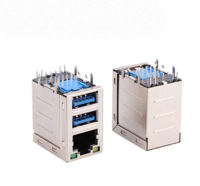 China LED 8P8C USB 3.0 Dual Port Cat5 RJ45 Stacked Connector Dual Port with 10/100/1000 Base-T Transformer for sale