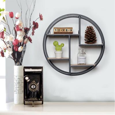 China 2019 Antique Distressed Furniture Stunner Hot Selling Craft Unit Iron Shelf Storage Display Wooden Divider Round Wall Shelf for sale