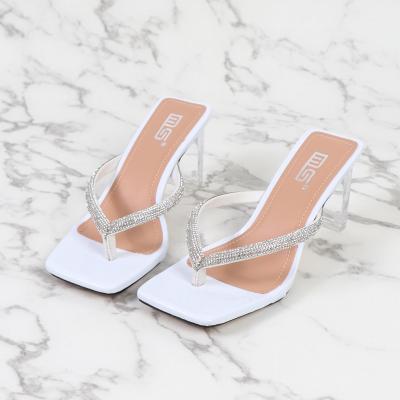 China 2021 Fashion Trend Women's Shoes Large Size Sandals Thick Heel Female Transparent Toe Faux Stone High Heel Sandals Summer Fashion Square for sale