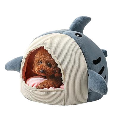 China Wholesale Cute Winter Stocked Cat Cave Pet Dog Kennel Semi Closed Warm Shark Shape Pet Nest for sale