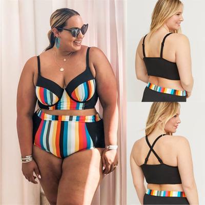 China 2020 fashion breathable high waisted deep v neck lift up plus size rainbow striped bikini swimsuit fat women swimwear for sale