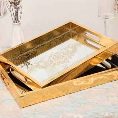 China Modern Luxury Rectangular UV Printing Mirror Tray Serving Food Tray Custom Restaurant Pattern Serving Tray for sale