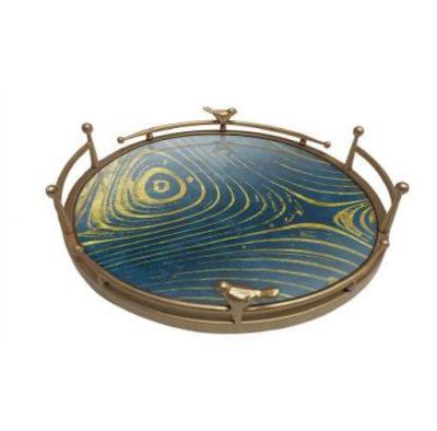 China Modern Luxury Custom Table Top Decorative Metal Handle Serving Tray Round Wood Bottom Tray for sale