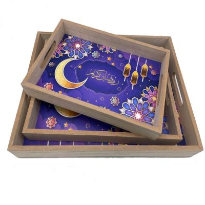 China Wholesale Modern Luxury Ramadan Food Dessert And Eid Decoration Tray Wooden Serving Tray Set Of 3 for sale