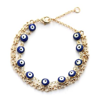 China Fashion Devil Eye Jewelry Fashion Dangling Chain Bangle Double Layer Lucky Evil Eyes Bracelet For Women for sale