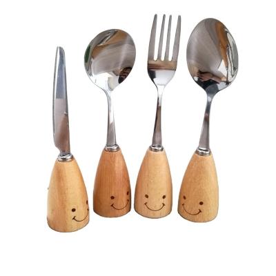 China Creative Cute Wooden Handle Gift Box Wooden Handle Flatware Set Kids Dessert Spoon Fork Knife Creative Cute Set for sale