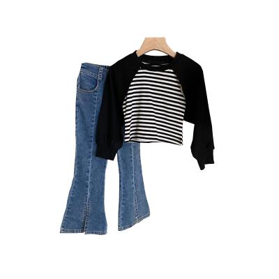 China New Children's Breathable Spring Two T-Shirt Long Sleeve Girl Stripes Blouse With Bell-Bottom Jeans Suit for sale