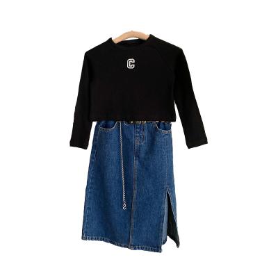 China 2023 Breathable Girls Spring And Autumn New Style Girls Embroidered Lettered Sweater Chic Jeans Skirt Two Piece Set for sale