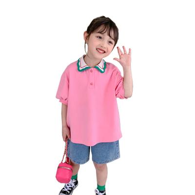 China Tight Jeans Two Size Suit Girls Summer Suit Bubble Lapel Soft Sleeve Polo Shirt Girls for sale