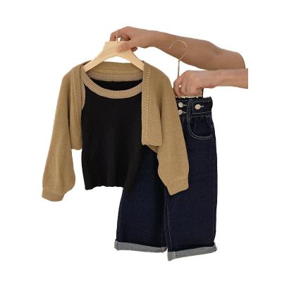 China 2023Parent-child cardigan breathable knitted tops long sleeve short jeans tank jacket jacket three-piece suit for sale