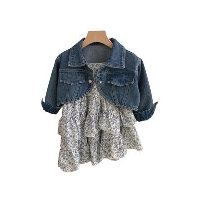 China Breathable girls dress suit Korean version of the fashion shorts jeans jacket floral dress two-piece set for sale