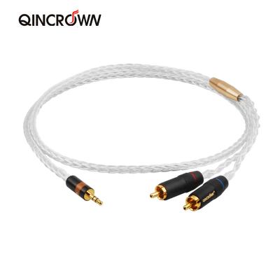 China High Fidelity Pure Copper Crystal Silver Single COMPUTER 3.5MM Jack to 2RCA Audio Cables Phone PC Amplifier Speaker Line for sale