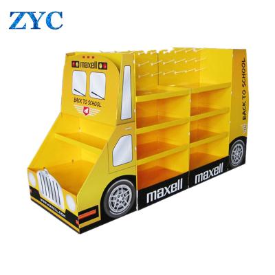 China Advertising School Bus Shaped Cardboard Pallet Display For Kids Toy for sale