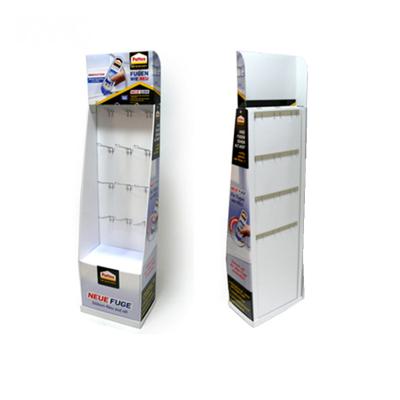 China Advertising Cardboard Floor Display Stand Paper Display Rack With Hook For Hanging Items for sale