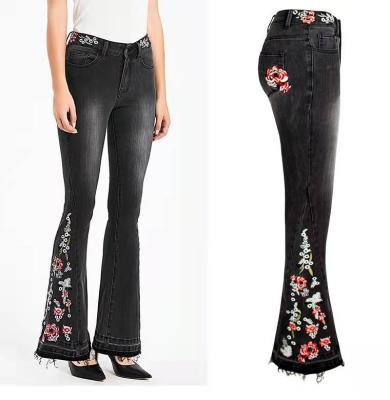 China Wholesale South American Breathable Micro-elastic Lace-up Bell Bottom Pants Women's Wide Leg High Waist Ladies Flare Jeans Embroidery for sale