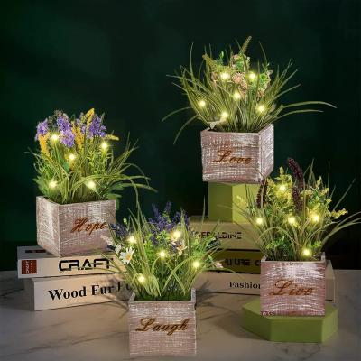 China Soft Set of 4 Artificial Plants Faux Plant Greenery Potted Decor with LED Lights for sale