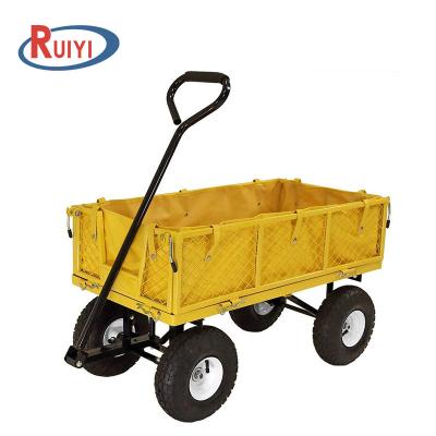 China Wholesale Garden Work Yellow Four Wheels Steel Garden Cart With Removable Sides With Pocket 300kg Capacity for sale