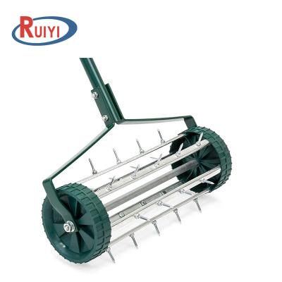 China Garden Work 18 Inch Lawn Aerator Garden Yard Push Rotary Tine Spike Soil Aeration Heavy Duty Rolling Garden Tools Folding Trolley for sale