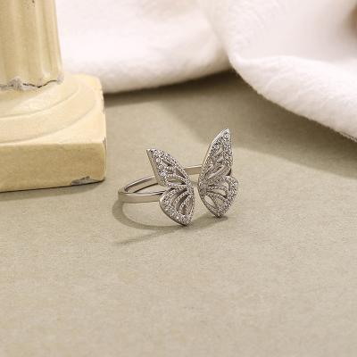 China Cute Fashion Butterfly Hollow Zircon Gold Plated 925 Sterling Silver Opening Adjustable Rings Jewelry For Women for sale