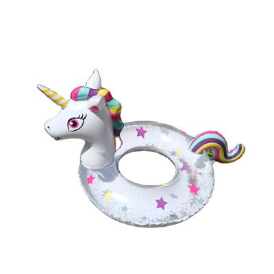 China Hot Sale Season Cartoon Swimming Pool Float With Glitter Glitter Unicorn Child Clear Swimming Ring For for sale