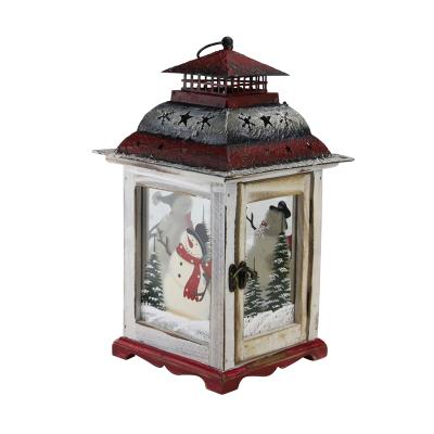 China graceful & Candle Pillar Christmas Scene Holiday Snowman Vintage Design Red and White Lantern for sale