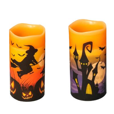 China Colorful Flameless Eldnacele Halloween LED Flameless Flickering Candles With Six Hours Timer Wax Battery Operated Candles for sale