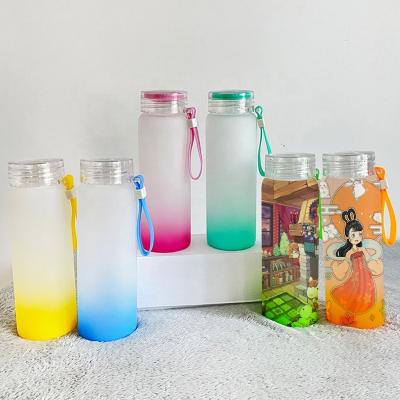 China Custom Logo Sublimation Colorful Frosted Gradient Hot Sell Spirit Viable Glass Lid Tumbler Rainbow Bottle Tea Cup Drinking Water Coffee for sale