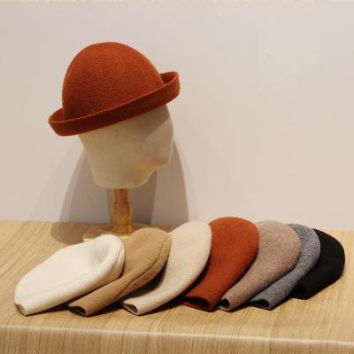 China Custom Logo Beanie Solid Color Curled Top Hat Woman Warm Parasol 87% Wool Winter Bucket Hat Embroidery Fisherman Hats for sale