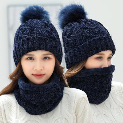 China COMMON Hot Selling Hat Scarf Set For Women Winter Thick Wool Chenille Warm Knitted Beanies Scarf Set Outdoor Keep Warm Beanie for sale