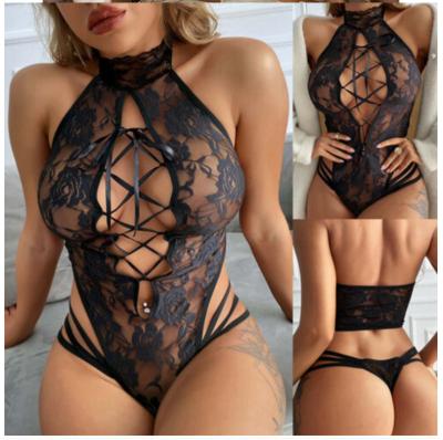 China European and American sexy hollow-out catwoman perspective binding lace underwear breathable sexy onesie manufacturers wholesale for sale