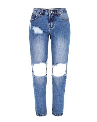 China Breathable Low Waist Ripped High Quality Ladies S Blue Washed Jeans Friend Style Straight Jeans With Pocket for sale