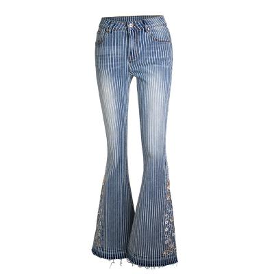 China 3D Embroidery Stereoscopic Women's Heavy Industry Women's Jeans Jeans Breathable Pants Striped Flare Pants for sale